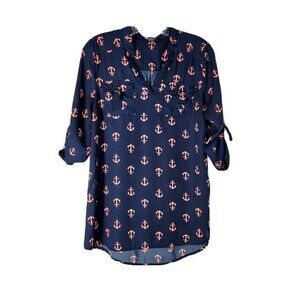 Rue21 Women's Navy Blue Anchor Print Top Pockets Roll Up Sleeves Size Small